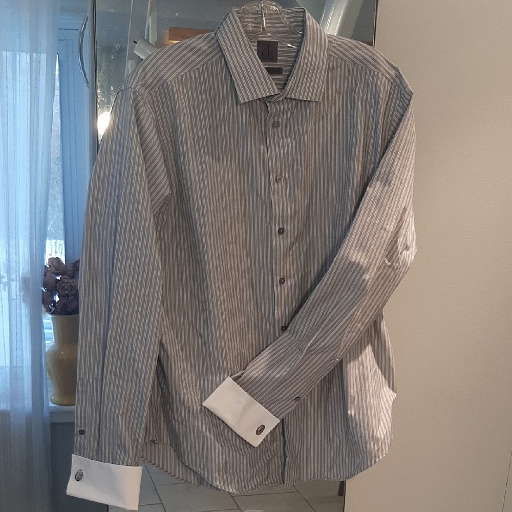 LNWOTCalvin Klein🤍GrayWhite Striped Dress Shirt with CUFFLINKS Sz 17 1/2, 36/37